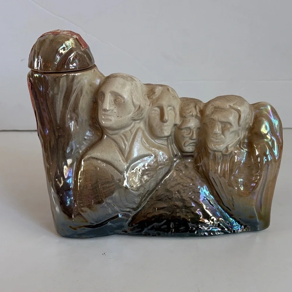 Vintage J.W. Dant Mt. Rushmore whiskey decanter ceramic iridescent pearl glaze